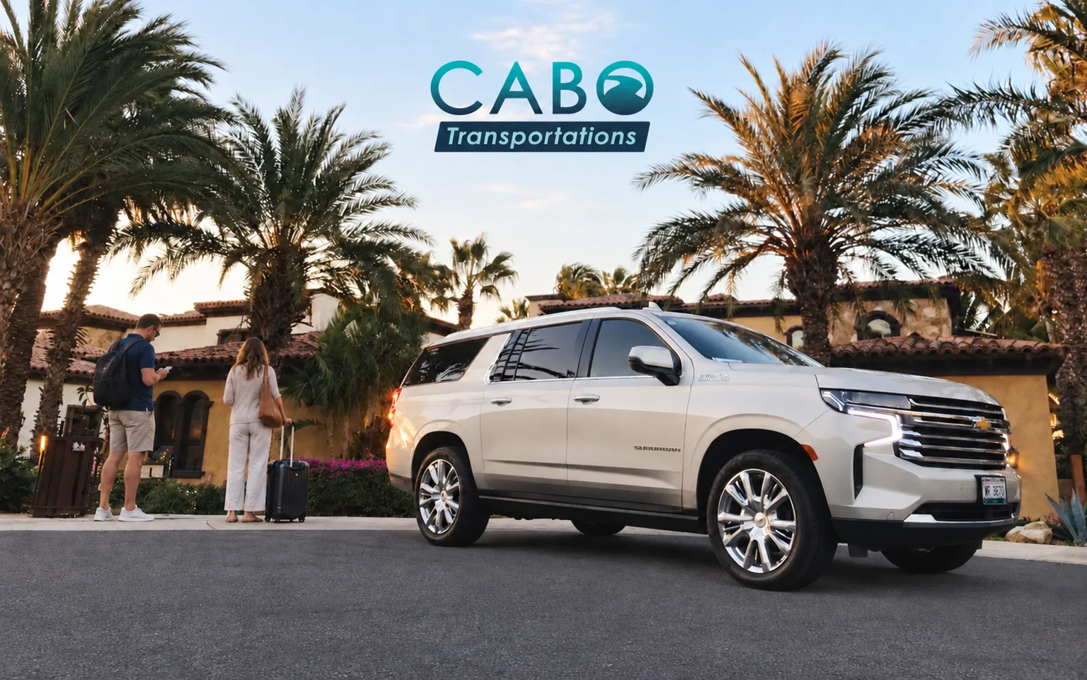 Cabo Transportations logo, white Suburban and travelers waiting with luggage — illustrative scene